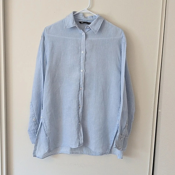 Zara Tops - Zara Women's 100% Linen Button Down Blouse Tunic Blue Size S Boho Beachy Preppy